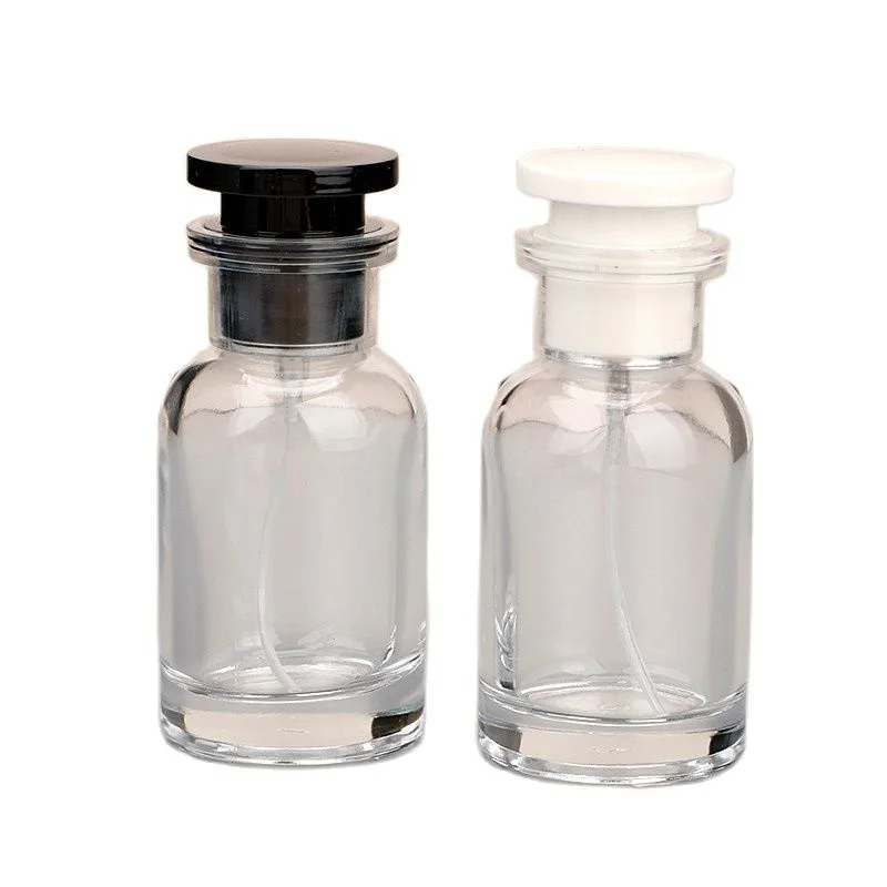 

8pcs Clear Glass Spray Bottle Crimp Pump Black White Lid Refillable Vial Empty Cosmetic Atomizer Perfume Bottles 30ml 50ml 100ml