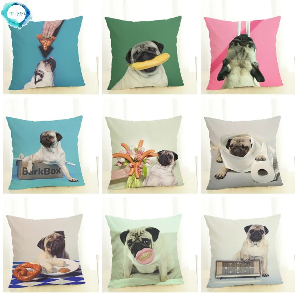 

Funny Cartoon Pug Dog Printed Cushion Cover Cotton Linen Pug Dog Food Decorative Pillowcase Sofa Party Home Decor Sofa 45X45CM