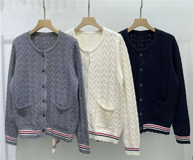 

Women Cardigan for Fall,hollow Out Grey Sweater , Contrast Color Stripe Knit Coat Jumpers, Свитер Оверсайз ,여성 반팔 니트
