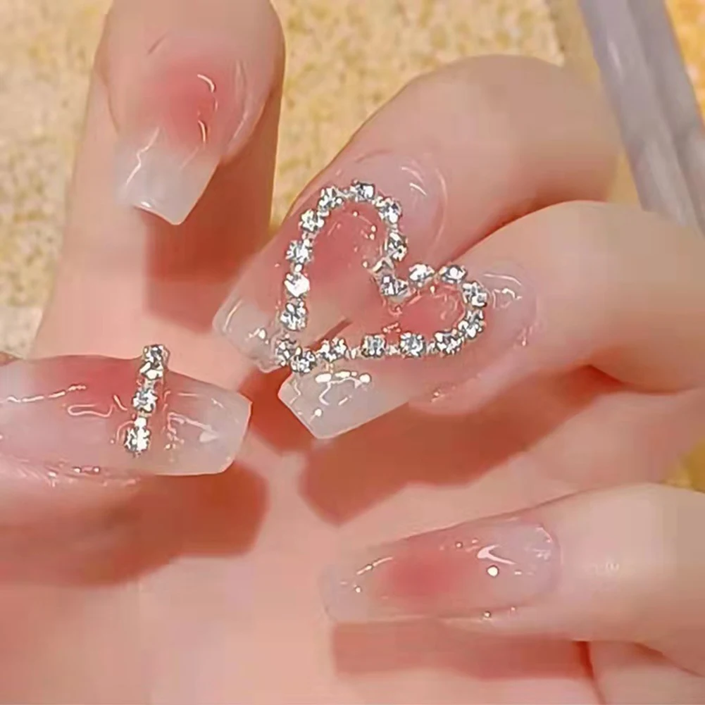 

Rhinestone Heart Decorated False Nails Long Removable Full Cover Manicure Art with Jelly Gel/Glue 24PCS Pink Fake Nails MH88