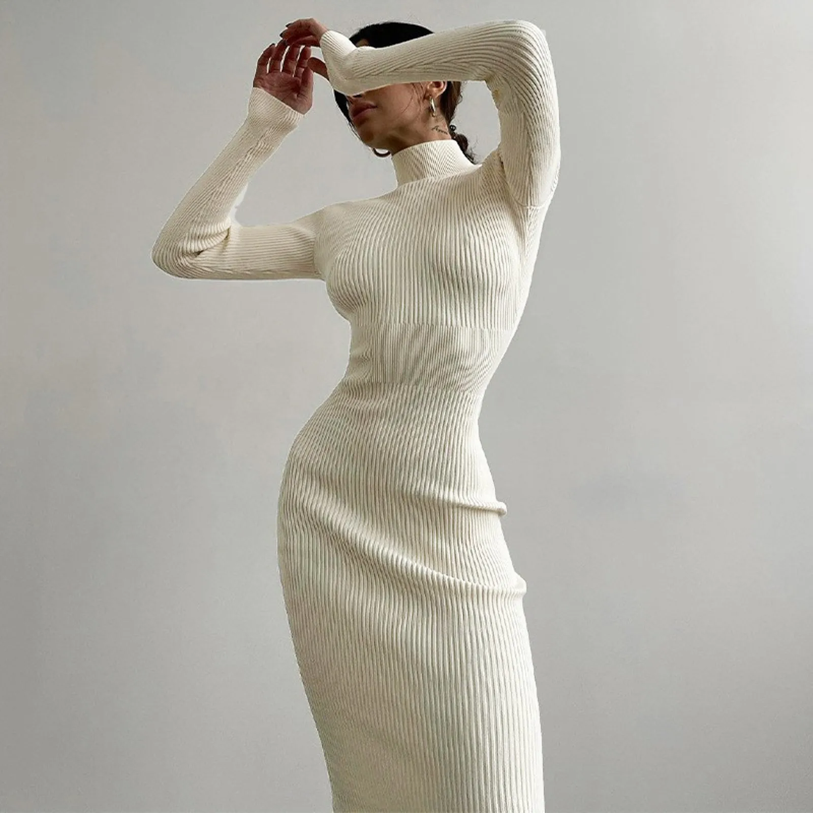 

Elegant Turtleneck Knit Sweater Dress Long Sleeve Elasticity Slim Solid Color Bodycon Dresses Sexy Women Mid-Calf Dress Robe