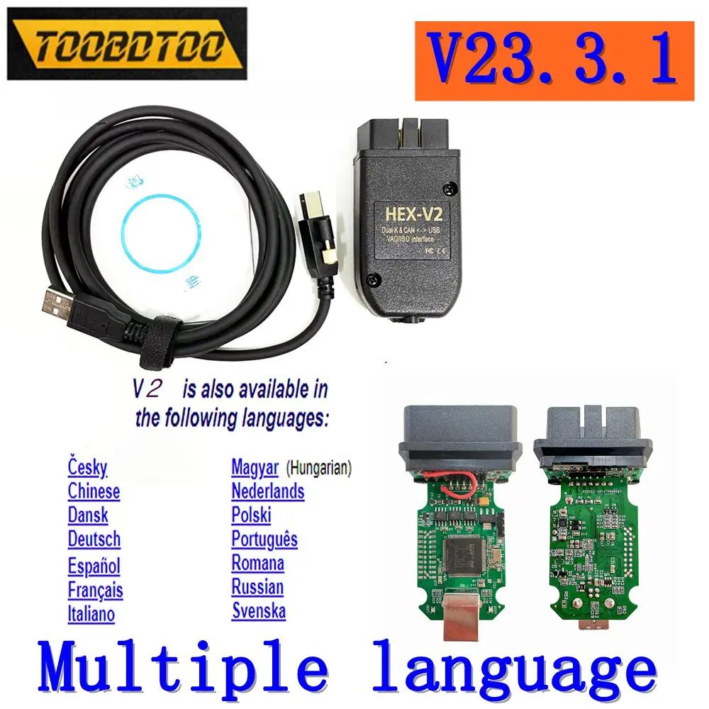 

Top Sale V23.3.1 For VAG OBD2 Scanner VAG HEX V2 USB Interface For VW AUDI Skoda Seat Unlimited VINs ATMEGA162 Multi-Language