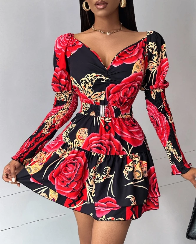 

Womens V-Neck Dresses 2024 Spring Floral Print Gigot Sleeve Shirred Skirt Casual Long Sleeve Daily Fashion Mini Layered Dress