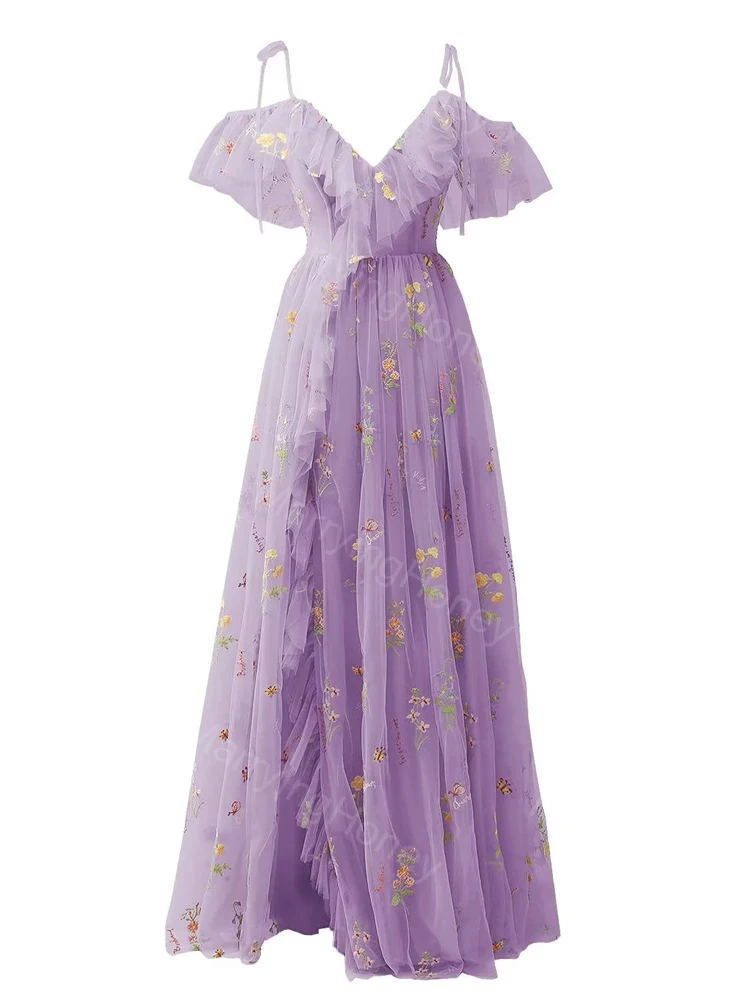 Flower Embroidery Tulle Spaghetti Strap Prom Dresses for Women Long V Neck Ruffles Sleeves Backless Formal Evening Party Gowns
Flower Embroidery Tulle Spaghetti Strap Prom Dresses for Women Long V Neck Ruffles Sleeves Backless Formal Evening Party Gowns
