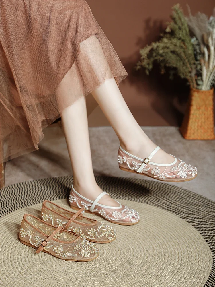 Summer White Pearl Decoration Mesh Embroidery Ballet Flats Women Elegant String Bead Flat Sandals Light Mary Jane Designer Shoes 45 S23bf0026ffff4955b15e5c3e54ae78d2h