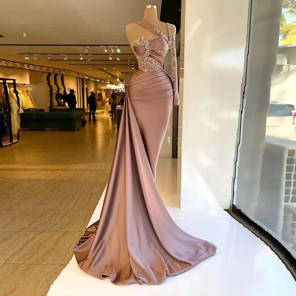 2024 Gorgeous One Shoulder Satin Mermaid Evening Dresses Long Sleeves Appliques Beaded Ruched Women Evening Pageant Prom Gowns
2024 Gorgeous One Shoulder Satin Mermaid Evening Dresses Long Sleeves Appliques Beaded Ruched Women Evening Pageant Prom Gowns