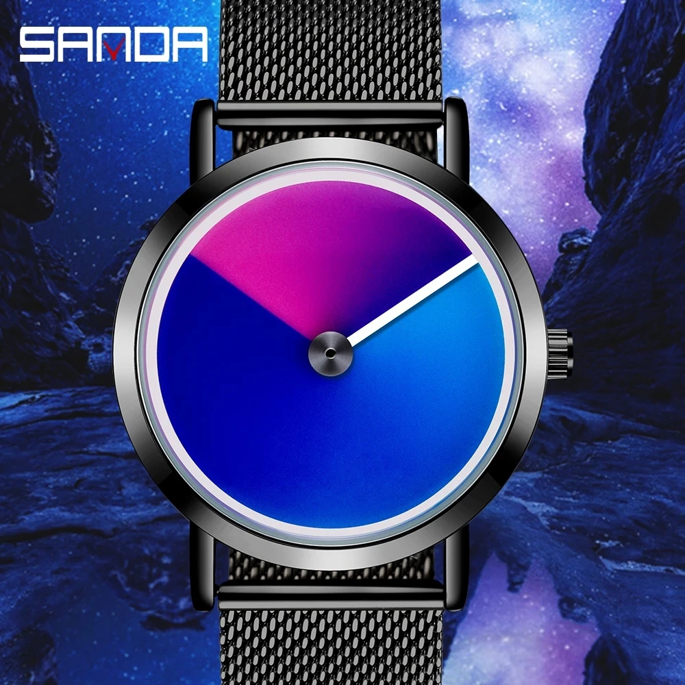 

SANDA new men fashion cool trend belt watch creative turntable concept gradient color swirl mesh belt waterproof Relogio Masculi