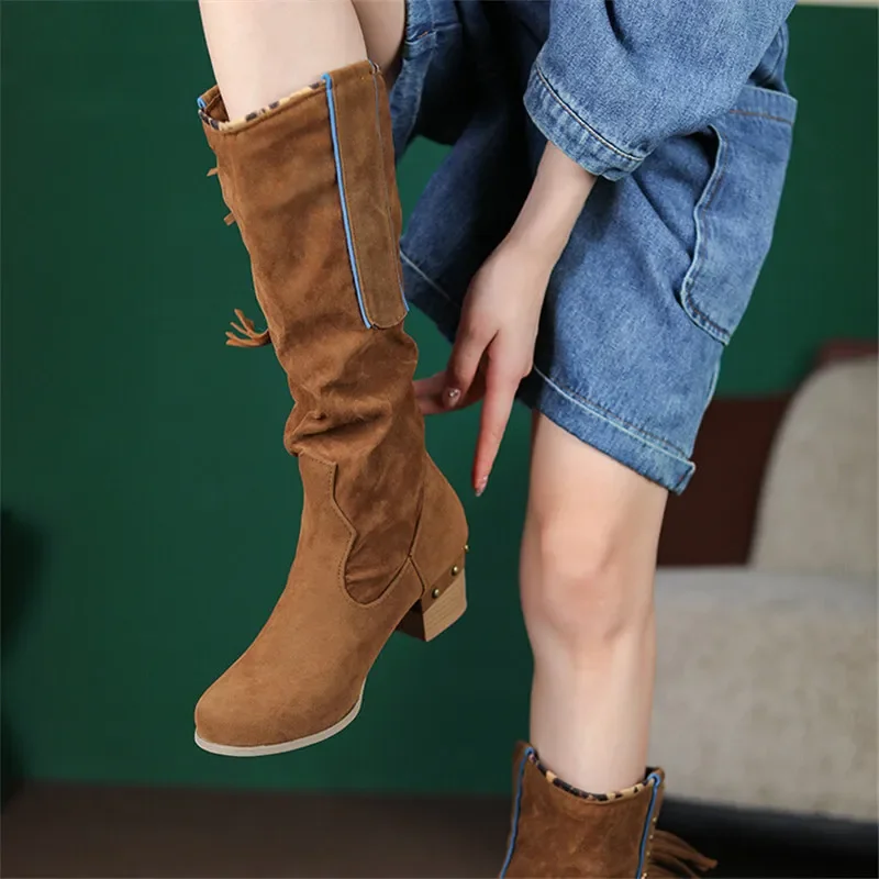 

2022 New Autumn Women Boots High Boots Round Toe Shoe for Women Tassel Metal Decoration Slip-On Chunky Heel Cowboy Western Boots