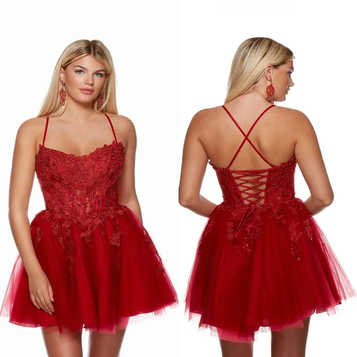 Red Spaghetti Straps Cocktail Dresses for Women Lace Up Sequins Short Prom Gown Sleeveless Tulle Mini Party Dress
Red Spaghetti Straps Cocktail Dresses for Women Lace Up Sequins Short Prom Gown Sleeveless Tulle Mini Party Dress