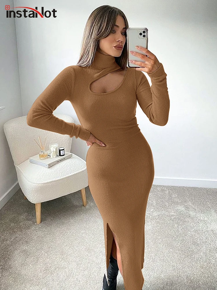 

InstaHot Knitting Turtleneck Cut Out Slim Dress For Women Long Sleeve Bodycon Solid Sexy Casual Elegant Office Lady Midi Dresses