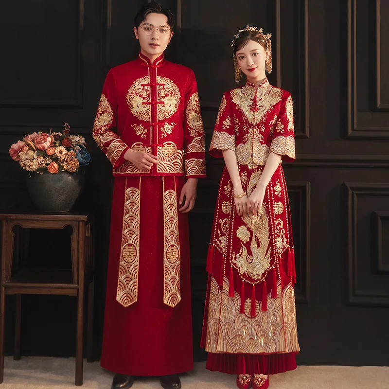 

2023 New Chinese Couple Vintage Mandarin Collar Cheongsam Toast Clothing Costume Dragon and Phoenix Embroidery Wedding Dress