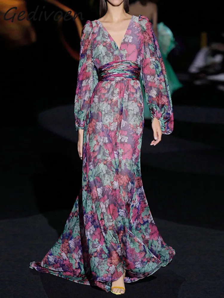 Gedivoen Fashion Designer Summer Vintage Dress Women's V-neck Elastic Waist Ruffles Flowers Print Party Floral Slim Long Dress 
Gedivoen Fashion Designer Summer Vintage Dress Women's V-neck Elastic Waist Ruffles Flowers Print Party Floral Slim Long Dress