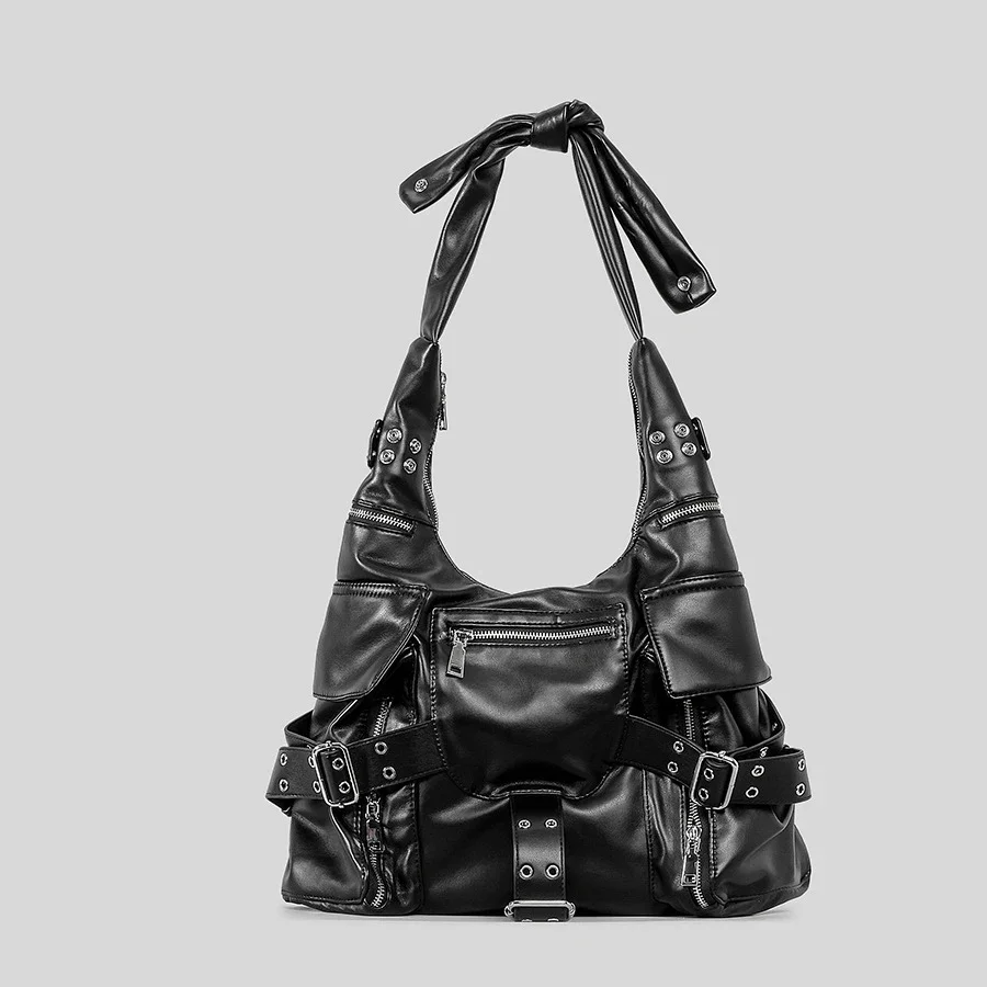 

vintage Multiple pockets denim women shoulder bags punk wide strap rivet lady handbags retro Underarm Bags Female purses 2023
