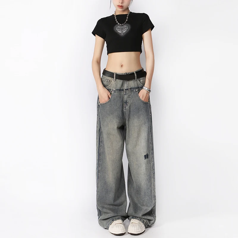 

Womens Blue Wide Leg Baggy Jeans Embroidery Double Low Waisted Denim Jeans Trousers Loose Boyfriend Pants Vintage Y2K Streetwear