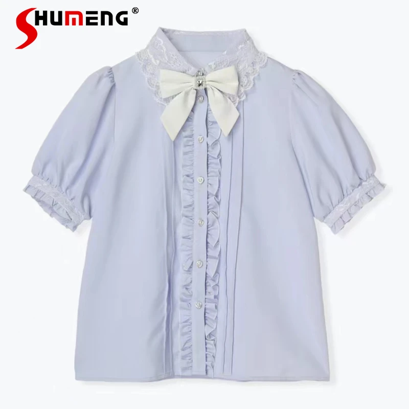 

Japanese Mine Cute Lace Ruffled Shirts for Women 2024 Summer New Sweet Short Sleeve Polo Collar Bow Top Elegant Blusas Mujer