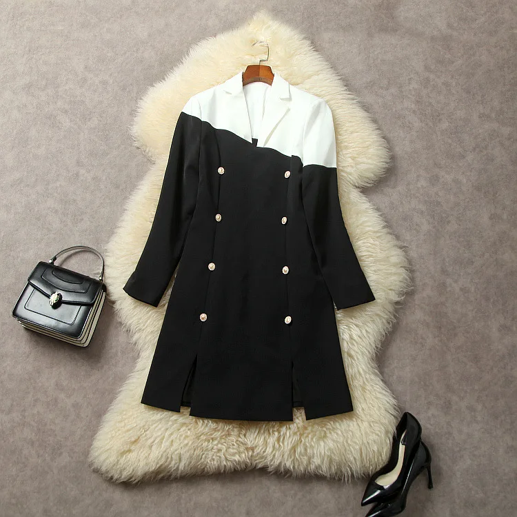 European and American women's clothing 2023 autumn new Long-sleeved suit collar double-breasted fashion Black and white dress
European and American women's clothing 2023 autumn new Long-sleeved suit collar double-breasted fashion Black and white dress