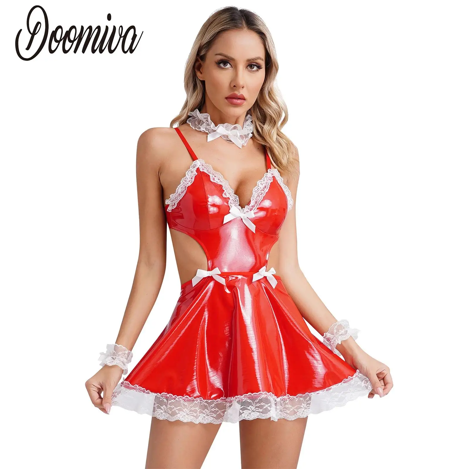 

Women Patent Leather French Maid Costumes Porn Backless Cosplay Wet Look Maid Dress with Thongs Lace Choker Cuffs Sexy Outfits