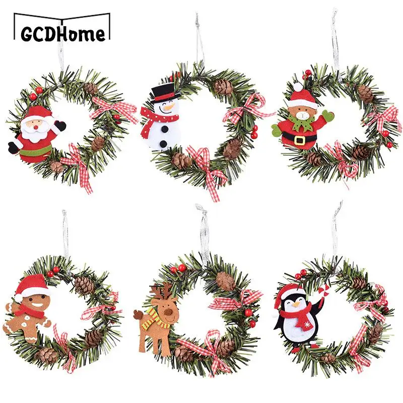 

Christmas Wreath Hanging Ornament Snowman Elk Christmas Tree Artificial Pine Needle Decor Garland For Home Decor 2024 New Year