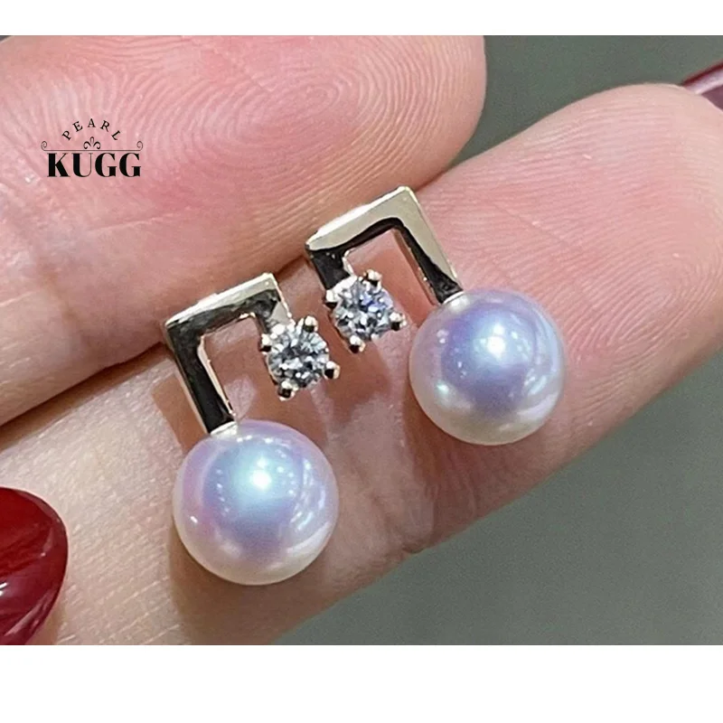 

KUGG PEARL 18k White Gold Earrings 6.5-7mm Natural Akoya Pearl Shiny Diamond Fashion Note Design Stud Earrings for Women Wedding