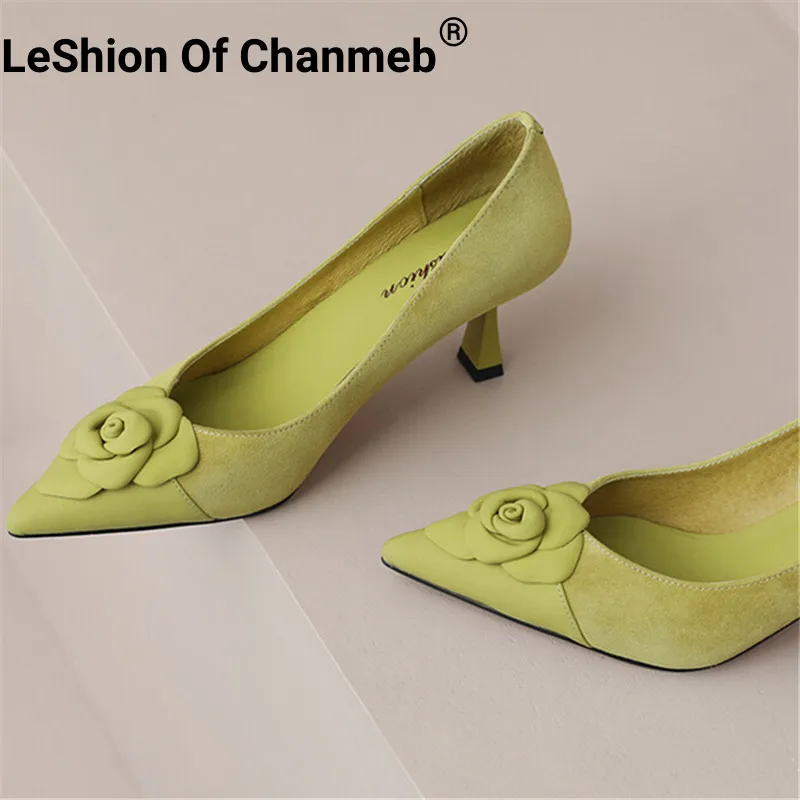 

LeShion Of Chanmeb Sheep Suede Leather Women Flower Shoes Thin High-heeled Pointy Toe Shallow Pumps Ladies Office Dress Party 39