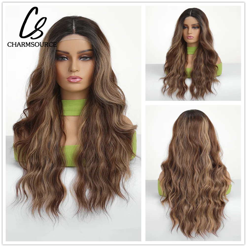 

CharmSource Lace Front Wigs Brown Ombre Blonde Synthetic Long Wavy Curly Wigs with Strap for Women Cosplay High Density Hair Wig