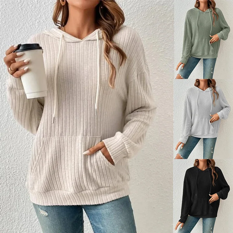 

Women's Long sleeved Round Neck Knit 2023 Autumn New European and American Hooded Pit Striped Kangaroo Pocket Sweater