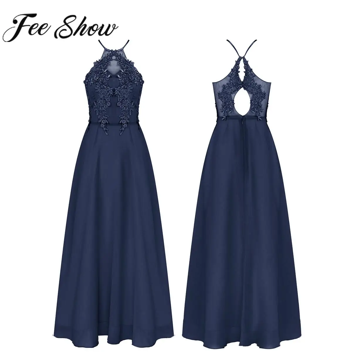 

Women Flower Embroidery Chiffon Party Dress Bridesmaid Costume Sleeveless Halter Hollow Out Built-in Bra Maxi Dress for Wedding