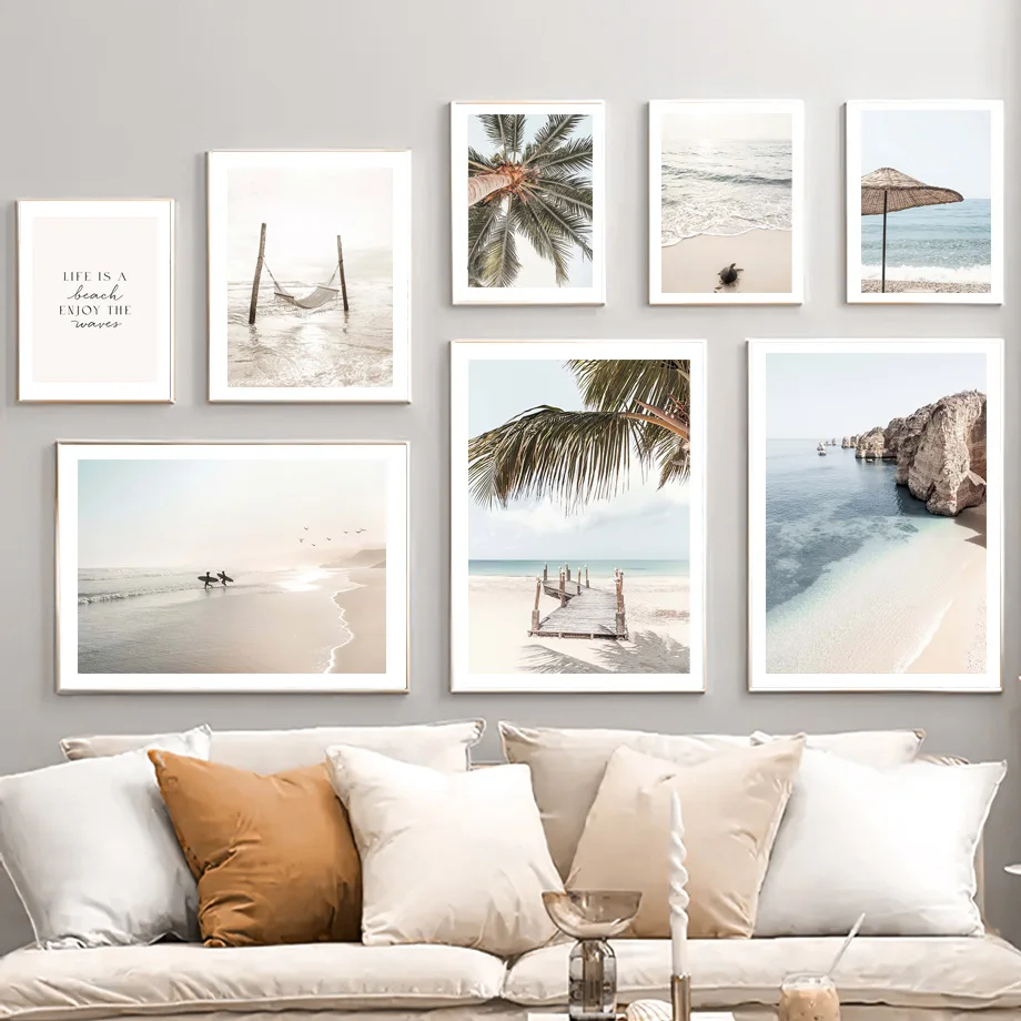 

Calm Lagos Beach Pier Sea Turtle Palm Tree Surf Wall Art Print Canvas Painting Nordic Poster Home Decor Pictures For Living Room