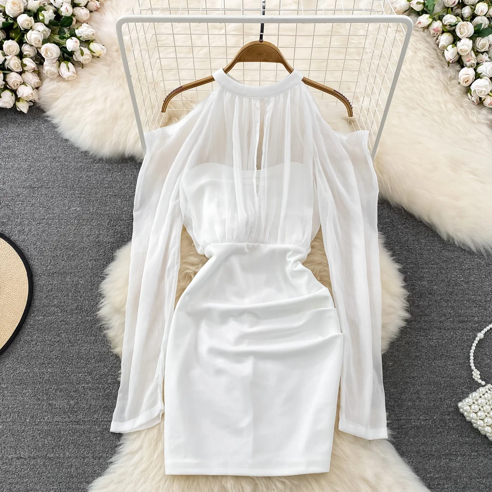 Ladies Elegant O-neck Off Shoulder Dress Mesh Splicing Pleated Waist Dresses Girls Slim Short Hip Wrap Dress For Women
Ladies Elegant O-neck Off Shoulder Dress Mesh Splicing Pleated Waist Dresses Girls Slim Short Hip Wrap Dress For Women
