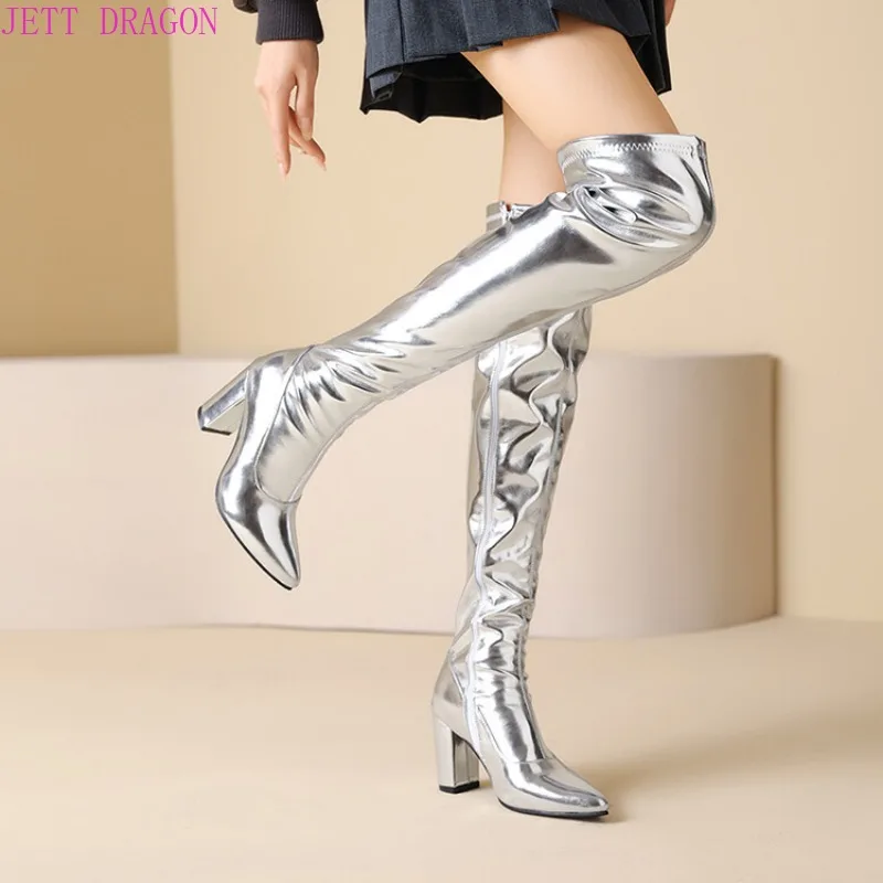 

Autumn Winter Fashion High Heels Women's Boots Golden Silvery Solid Zipper Sexy Over-the-Knee Square Heel Modern Boots High 9cm