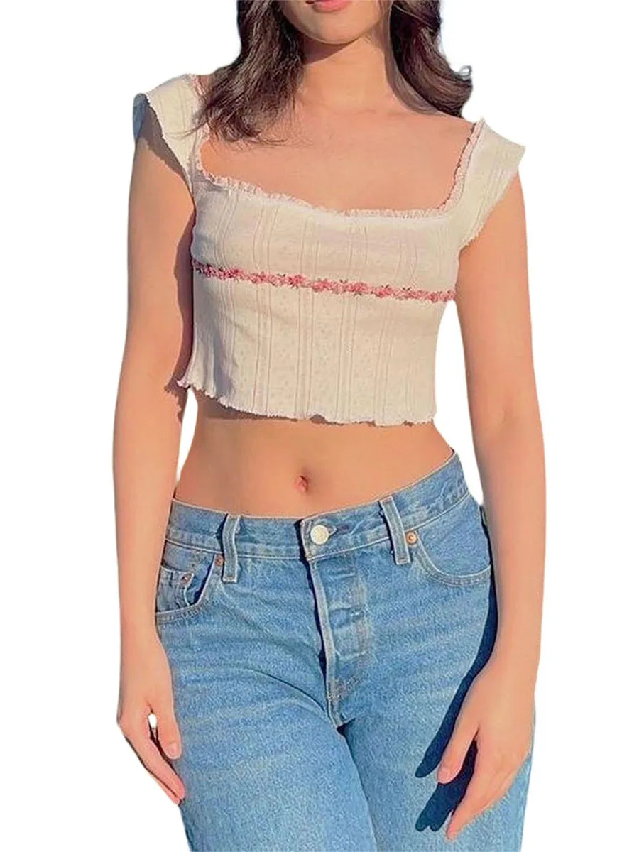 

Women s Floral Lace Trimmed Sleeveless Crop Tops with Square Neckline for Summer Fashion