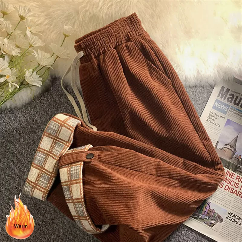 

Winter Corduroy Plus Velvet Ankle-length Pantalons Women Baggy Plaid Spliced Trousers For 140kg Casual Oversized Straight Pants