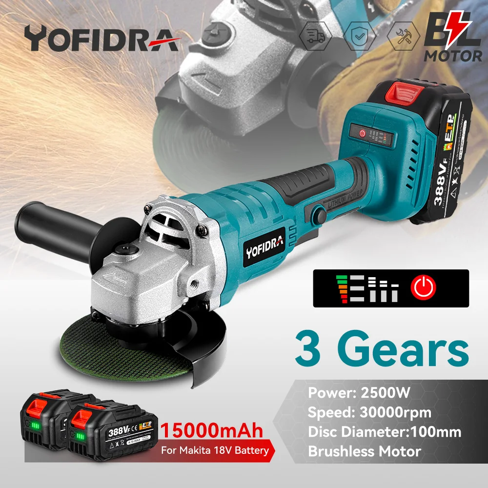 

Yofidra бесщеточный угловой шлифовальный станок 100 мм, 2500 Вт, 30000 об/мин, режущие электроинструменты, электронная машина для Makita с батареей 18 в