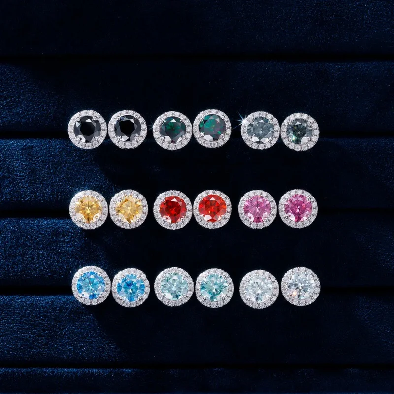 

Бриллиантовый тестер Pass 6,5 мм, натуральный камень муассанита, серьги-гвоздики с ореолом, серебряные украшения в стиле хип-хоп, Разноцветные серьги с винтом на спине