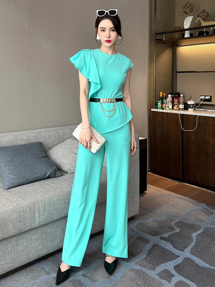 Summer Women 2 Piece Set Lake Blue Solid Asymmetrical Ruffles Sleeveless Tops High Waist Wide Legs Pants Belt Office OL Outfit
Summer Women 2 Piece Set Lake Blue Solid Asymmetrical Ruffles Sleeveless Tops High Waist Wide Legs Pants Belt Office OL Outfit