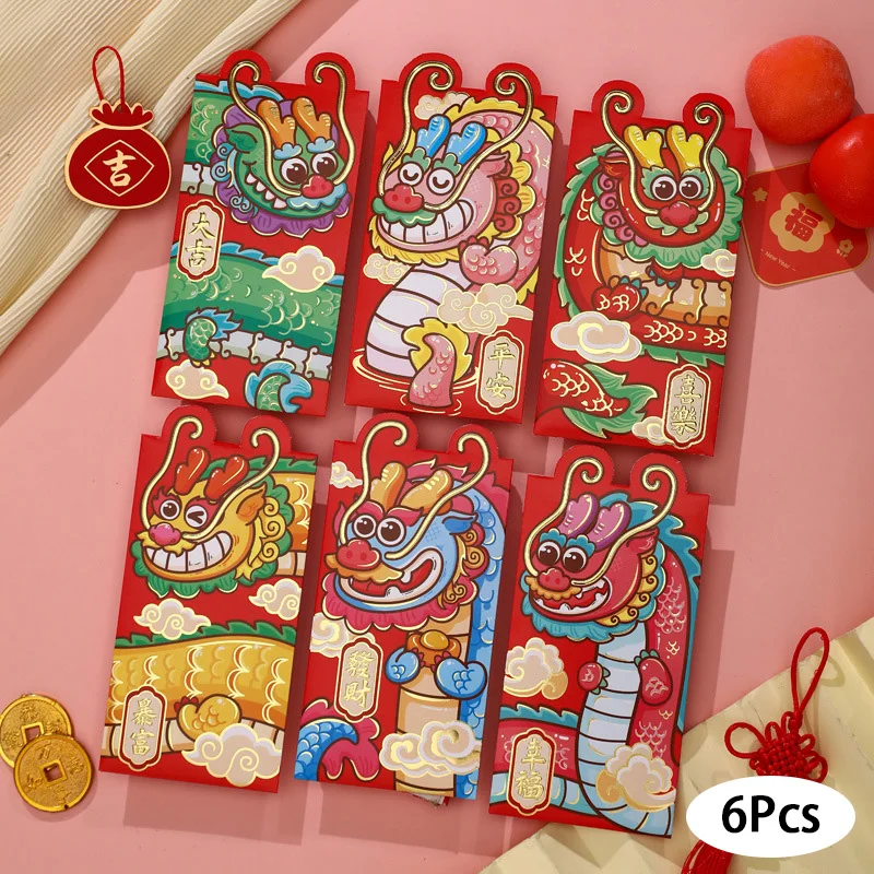 

6Pcs Chinese Spring Festival Lucky Red Envelope Dragon Pattern with Best Wishes 2024 New Year Money Pocket Wedding Money Bag