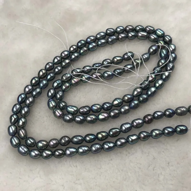 

ELEISPL JEWELRY 2 Strands 5mm Rice Shape Peacock Black Pearls #1058-2