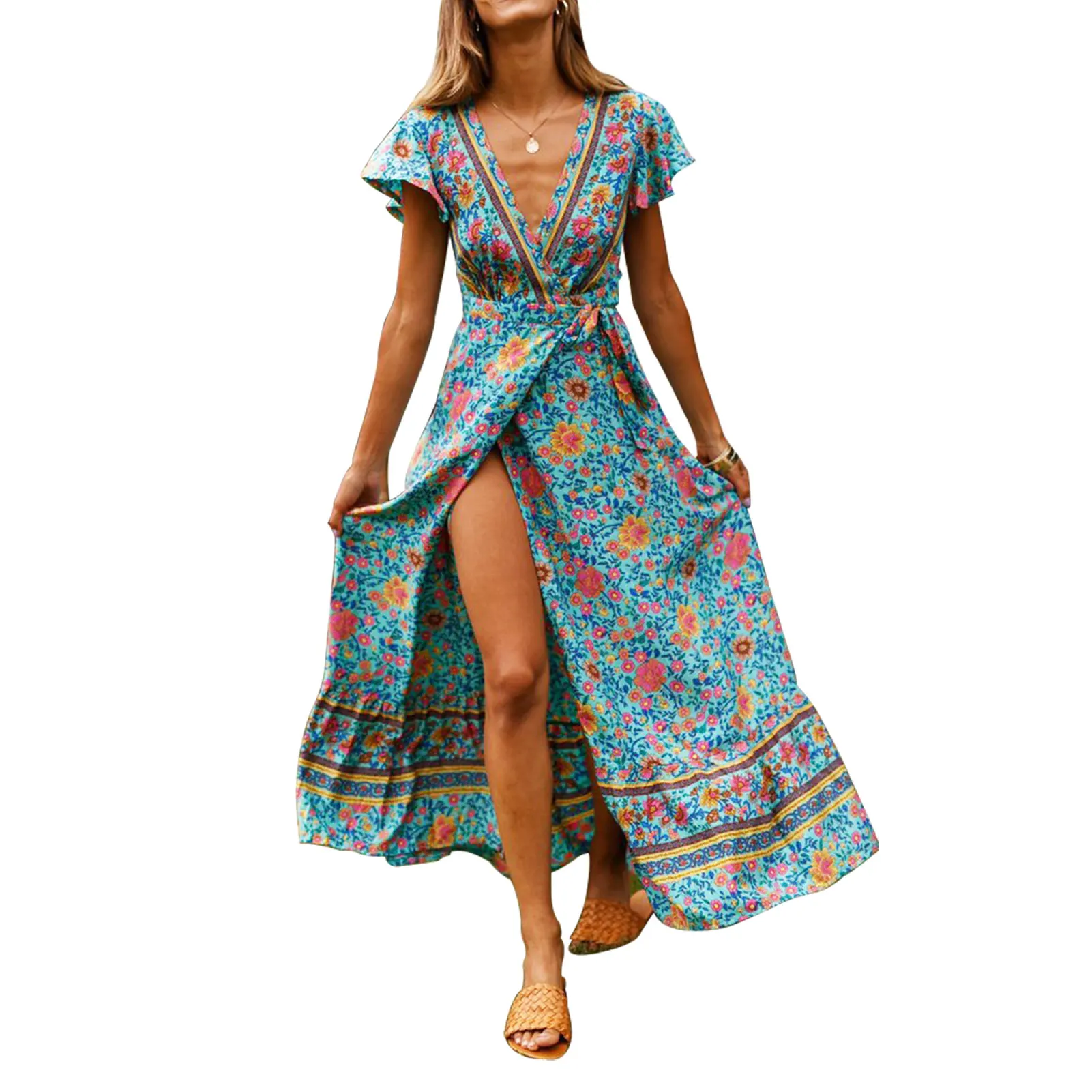 Deep V Neck Breathable High Waist Floral Print Bohemian Party For Summer Beach Casual Women Dress Side Split Ankle Length Belt
Deep V Neck Breathable High Waist Floral Print Bohemian Party For Summer Beach Casual Women Dress Side Split Ankle Length Belt