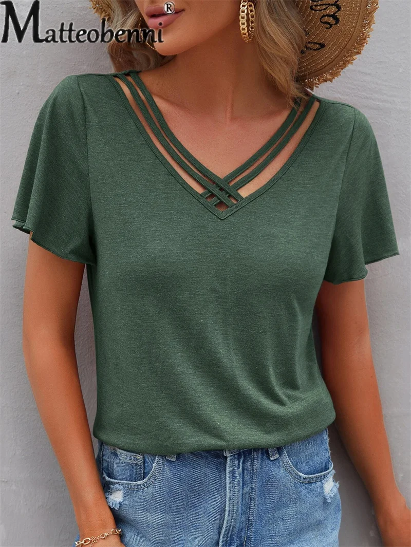 Women's Sweet Style Solid Color Ruffle Short Sleeve T-Shirt Female Summer Loose V Neck Splice Shoulder Strap Tees Pullover Tops
Women's Sweet Style Solid Color Ruffle Short Sleeve T-Shirt Female Summer Loose V Neck Splice Shoulder Strap Tees Pullover Tops