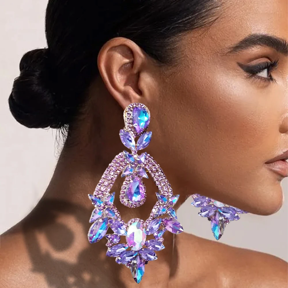 

Stonefans Purple Exaggerate Dangle Earrings Christmas Gift for Women Elegant Water Drop Large Rhinestone Earrings Party Jewelry