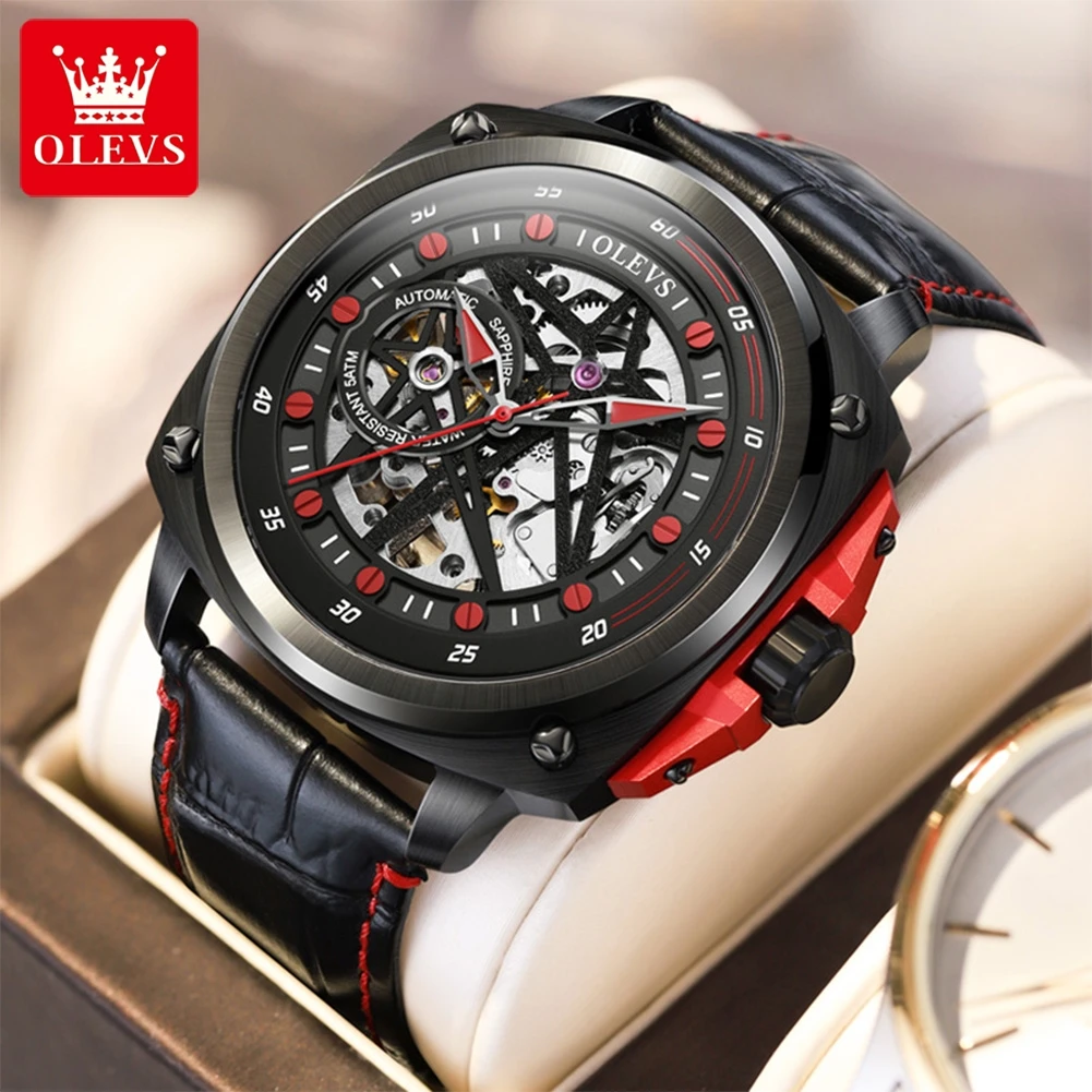 

OLEVS Brand Fashion Tonneau Dial Hollow Mechanical Watch for Men Sport Leather Strap Waterproof Luxury Skeleton Watches Mens