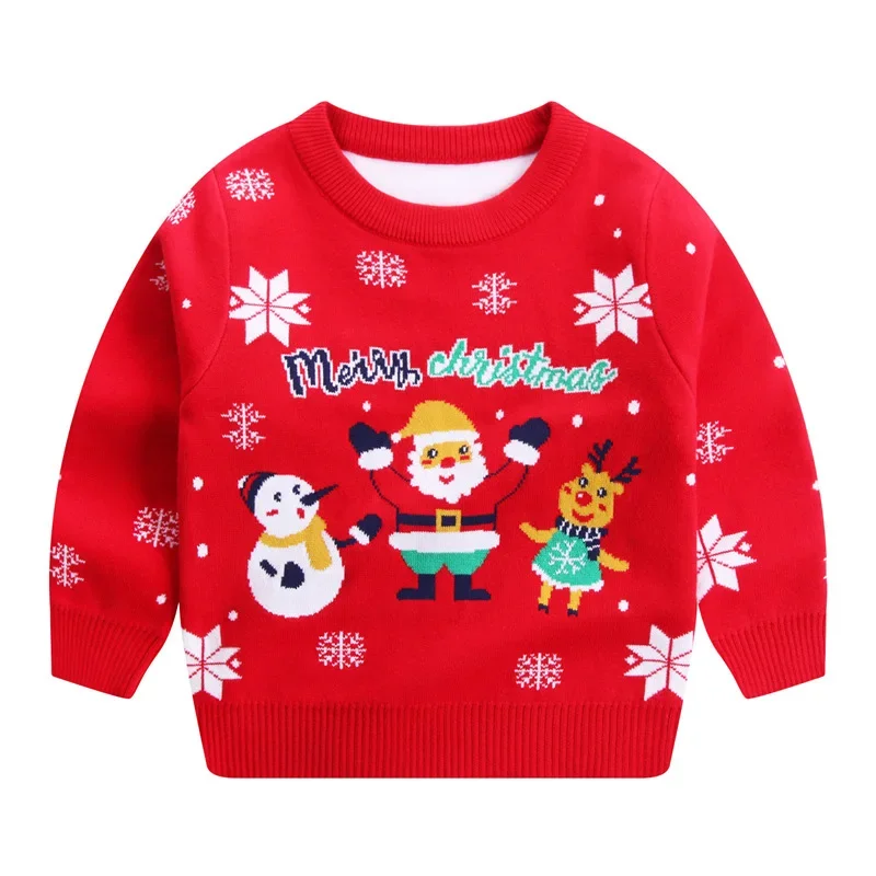 

Рождественский свитер, детская одежда на осень и зиму, трикотажная одежда для маленьких девочек и мальчиков, вязаный свитер с принтом Санта-Клауса, детские свитера