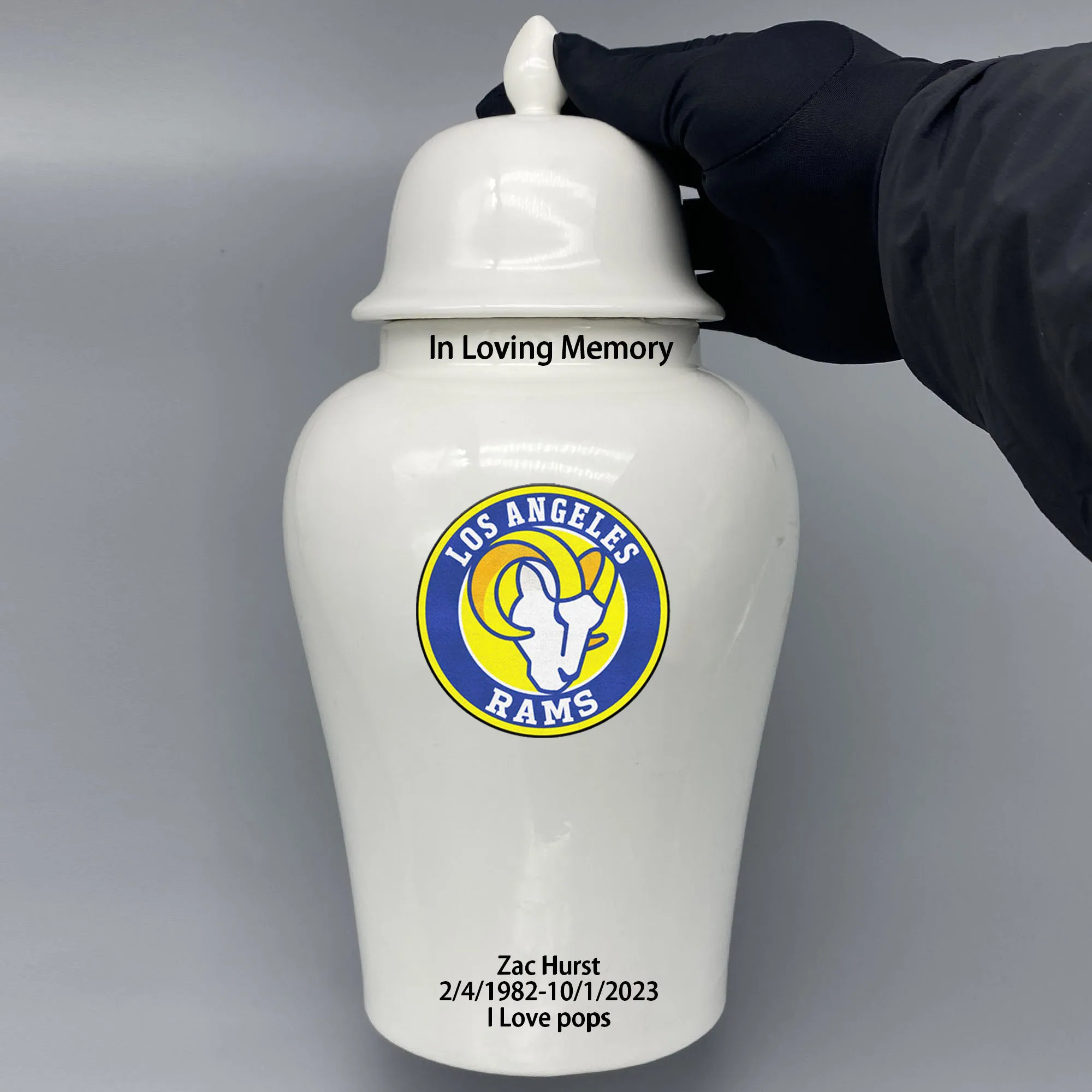 

Large Urn for Los Angeles Rams-themed Logo Custom Urn.Send me the name/date you want to appear on the urn by Remarks Message.