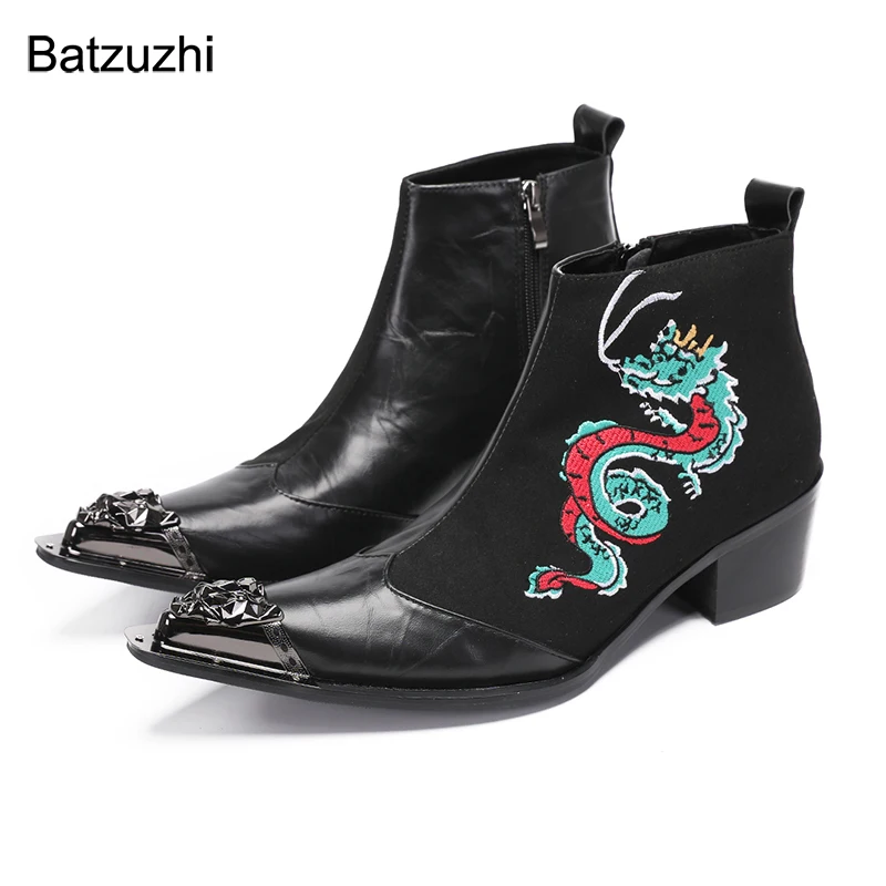 

Batzuzhi Black Suede Ankle Boots Men 6.5cm Heels Pointed Metal Toe Zip Genuine Leather Men's Boots Luxury Handmade! Big Sizes