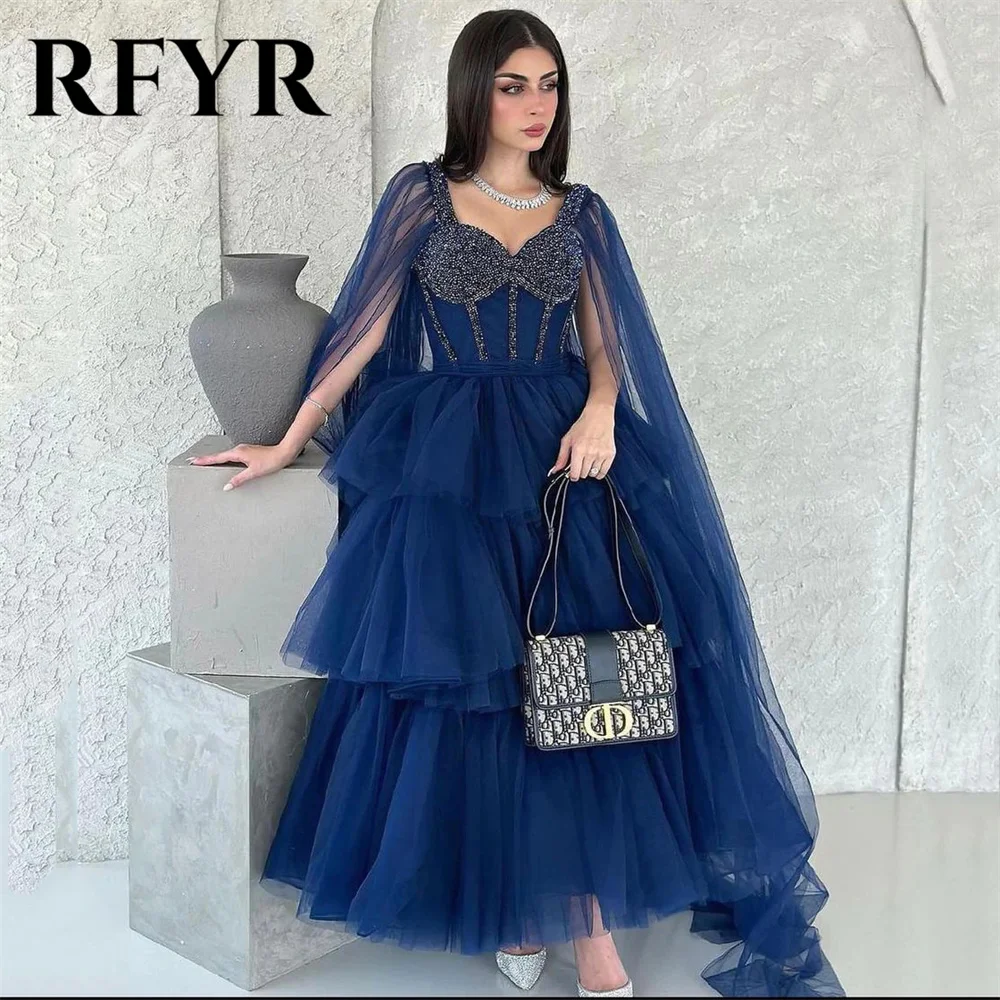 

RFYR Elegant Royal Blue Prom Dress Swetheart Tulle Evening Dress Bead Appliques Tiered فستان سهرة Long Cape Sleeves Party Dress