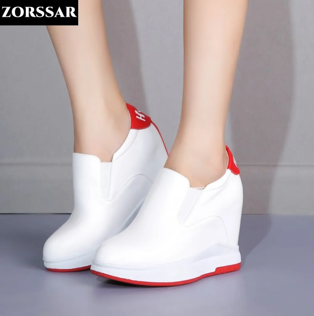 

12cm White Hidden Wedge Sneakers Chunky Shoes Genuine Leather Women Vulcanized Shoes High Quality Height Increasing Sneakers