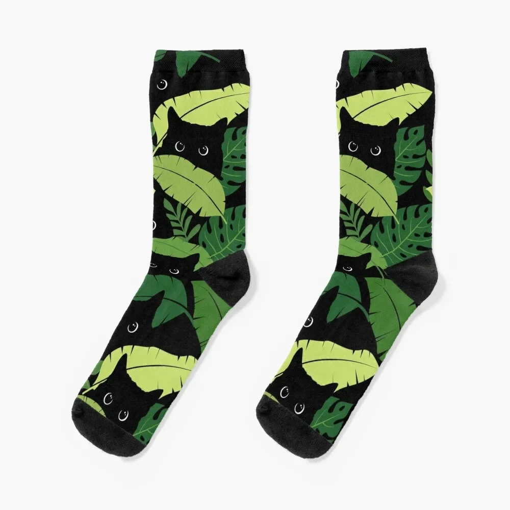 

Black Cats Peeking From Tropical Leaves Floral Socks with print kids Rugby heated Socks Girl Men's