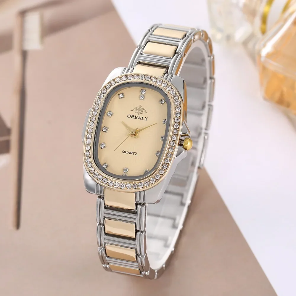 

Women Quartz Watch Luxury Oval Shaped Elegant Gold Case Small Diamond Inlay Dial Female Full Metal Band Watches Retro Wristwatch