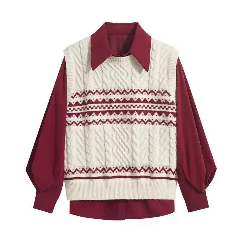 EBAIHUI Korean Loose Women's Set Spring and Autumn Long Sleeved Shirt Retro Knitted Vest Ladies Two Piece Set New Year Red Shirt
EBAIHUI Korean Loose Women's Set Spring and Autumn Long Sleeved Shirt Retro Knitted Vest Ladies Two Piece Set New Year Red Shirt