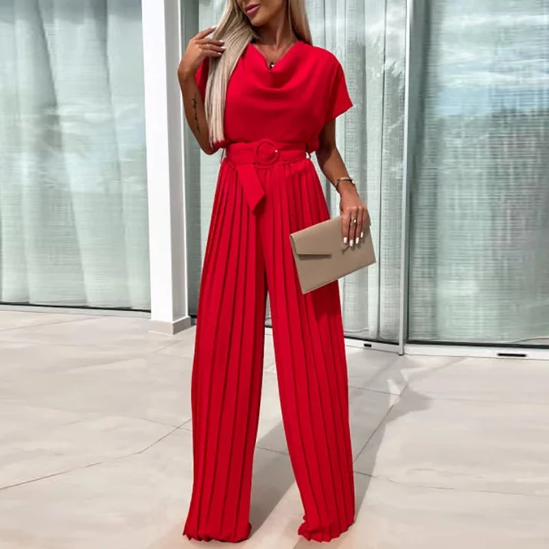 Fashion High Waist Straight Romper Office Lady O Neck Pleated Long Pants Jumpsuit Summer Short Sleeved Solid Color Belt Playsuit
Fashion High Waist Straight Romper Office Lady O Neck Pleated Long Pants Jumpsuit Summer Short Sleeved Solid Color Belt Playsuit
